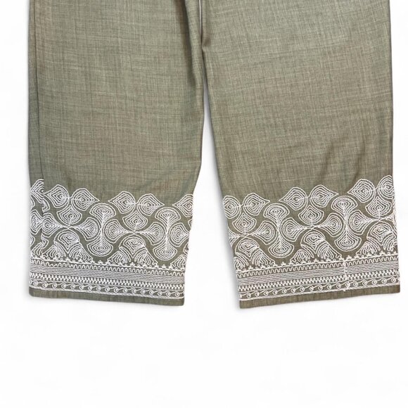 WREN Pants L Olive Green Wide-Leg Embroidered Hem Drawstring Waist Boho - Picture 3 of 5